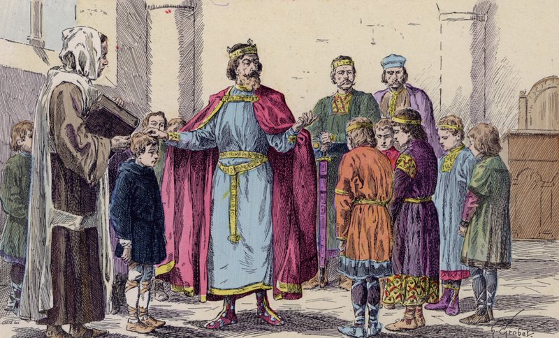 Carlomagno visitando una escuela (litografía en color) de French School
