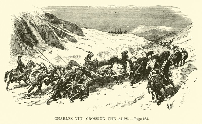 Carlos VIII cruzando los Alpes de French School