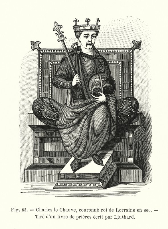 Carlos el Calvo, coronado rey de Lorena en 860, tomado de un libro de oraciones escrito por Liuthard (grabado) de French School