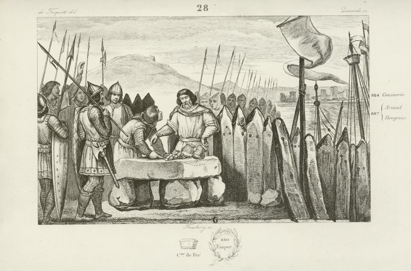 Carlos el Gordo paga a los vikingos 700 piezas de plata para que abandonen el asedio de París, 886 de French School