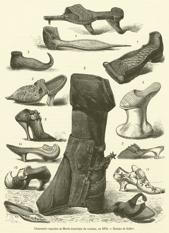 Zapatos expuestos en el Museo histórico del traje, en 1874 de French School
