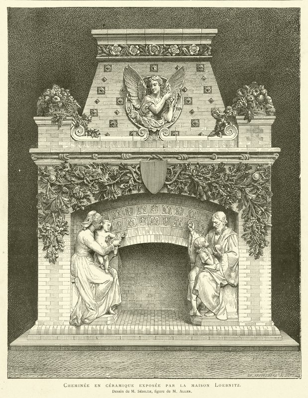 Chimenea de cerámica expuesta por la casa Loebnitz, Dibujo de M Sedille, figura de M Aller de French School
