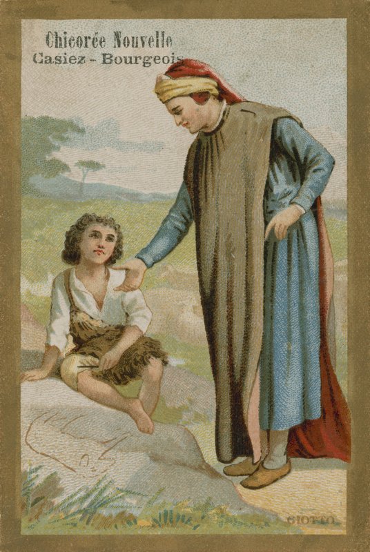 Tarjeta comercial de Chicoree nouvelle, Cimabue descubriendo a Giotto de French School