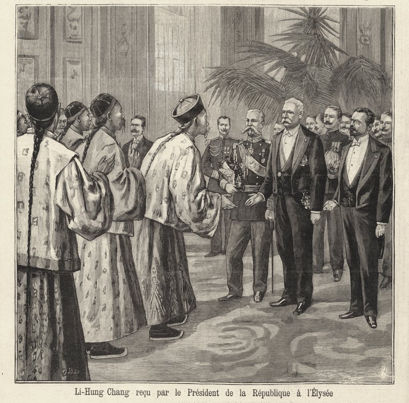 El político y diplomático chino Li Hongzhang recibido por el presidente francés Félix Faure en el Palacio del Elíseo, París de French School