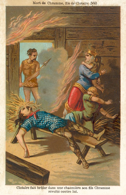 Clotario I, Rey de los Francos, quemando a su hijo rebelde Chram y su familia, 560 de French School