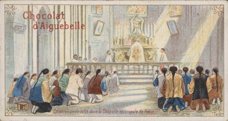 Cristianos adorando en la Capilla Episcopal de Beijing de French School