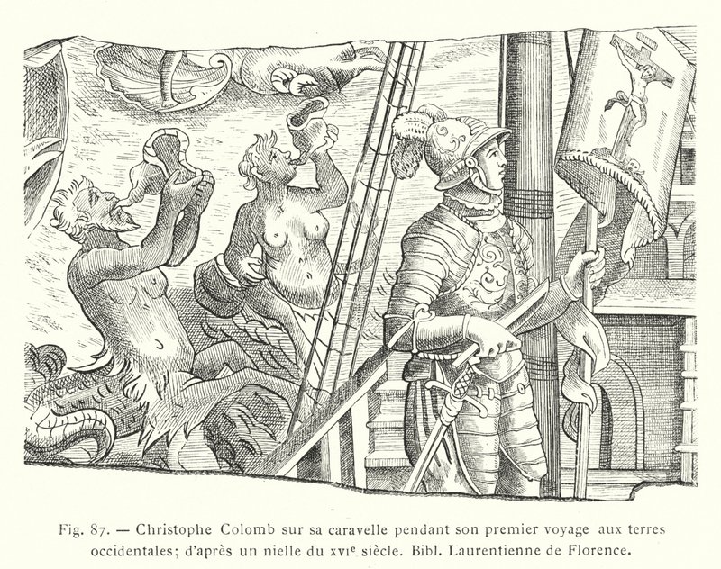 Cristóbal Colón en su carabela durante su primer viaje a las tierras occidentales; según un nielado del siglo XVI, Biblioteca Laurenciana de Florencia de French School
