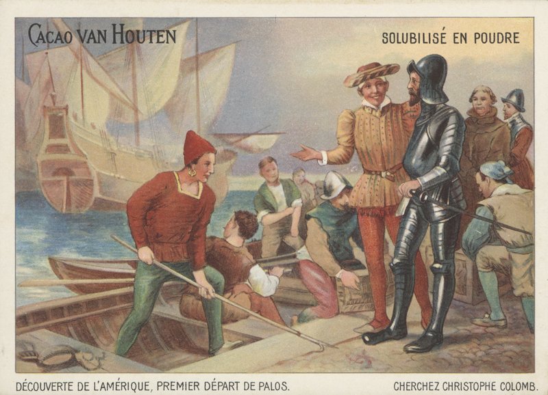 Cristóbal Colón partiendo de Palos en su viaje para descubrir América de French School