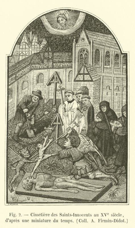 Cementerio de los Santos Inocentes en el siglo XV, según una miniatura de la época, Coll A Firmin-Didot de French School