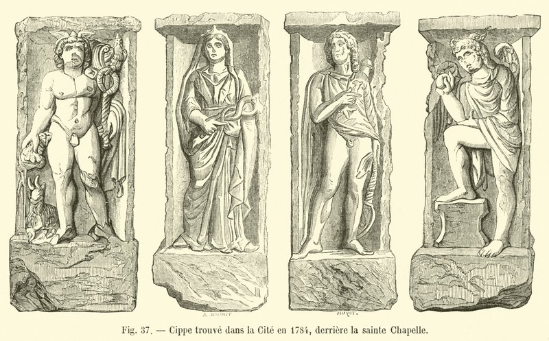 Cipo encontrado en la Ciudad en 1784, detrás de la Sainte-Chapelle de French School