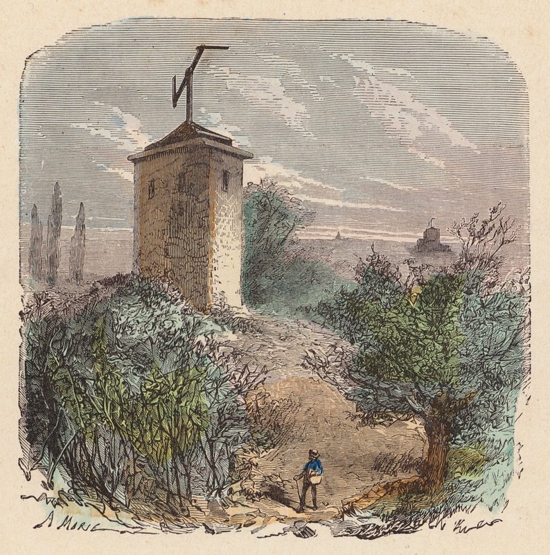 Sistema de telégrafo de Claude Chappe, Francia (grabado en color) de French School