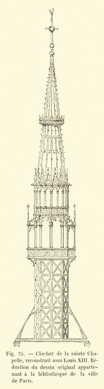 Campanario de la Sainte Chapelle, reconstruido bajo Luis XIII, reducción del dibujo original perteneciente a la biblioteca de la ciudad de París de French School