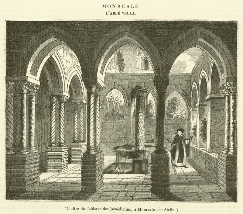 Claustro de la abadía de los Benedictinos, en Monreale, en Sicilia (grabado) de French School