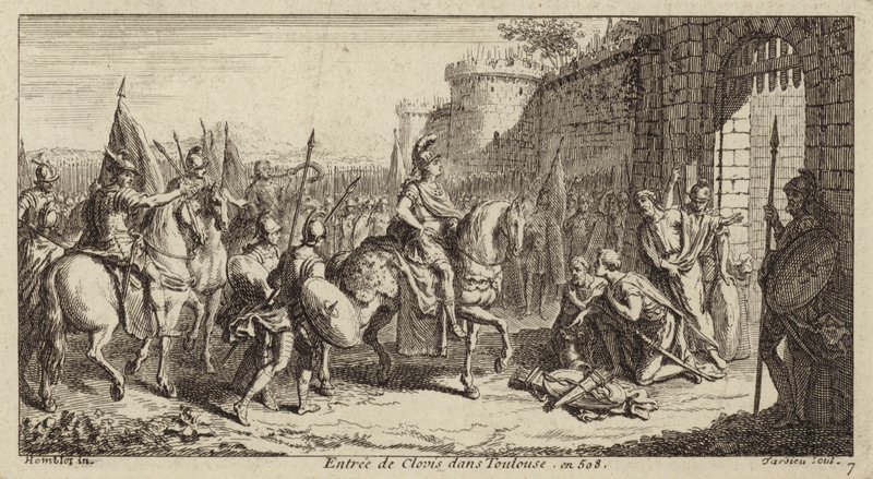 Clodoveo I, Rey de los Francos, entrando en Toulouse después de derrotar a los visigodos, 508 de French School