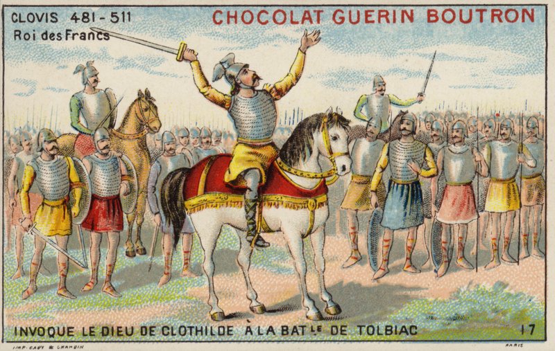Clodoveo I invocando al Dios de Clotilde en la Batalla de Tolbiac, 496 de French School