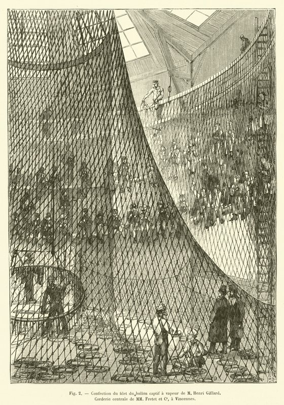 Confección de la red del globo cautivo a vapor de M. Henri Giffard, Cordería central de MM Fretet y Cía, en Vincennes de French School