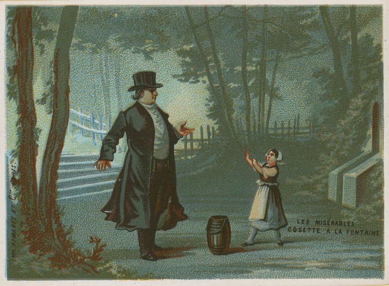 Cosette en la fuente; escena de Los Miserables de Victor Hugo de French School