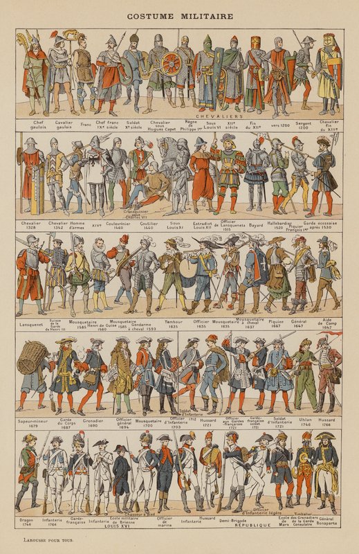 Traje militar (litografía en color) de French School