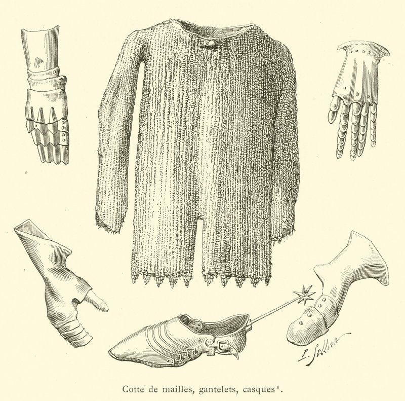 Cota de mallas, guanteletes, cascos de French School