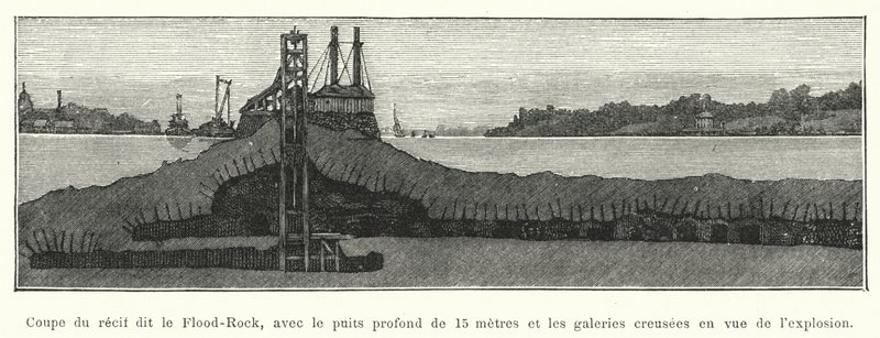 Corte del arrecife llamado Flood-Rock, con el pozo profundo de 15 metros y las galerías excavadas para la explosión de French School