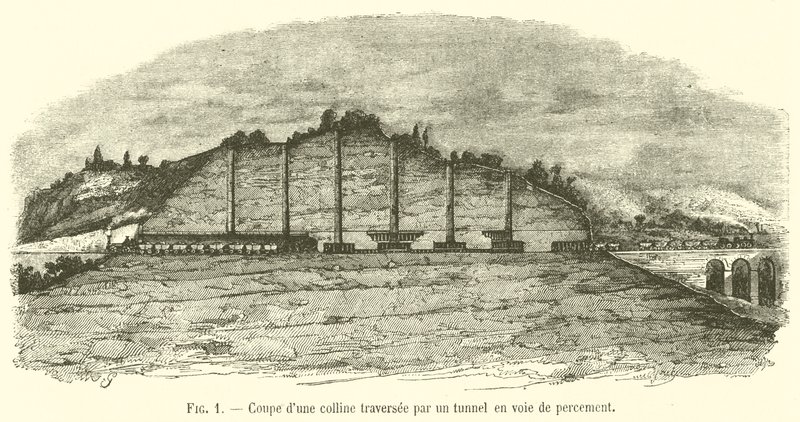 Corte de una colina atravesada por un túnel en construcción de French School