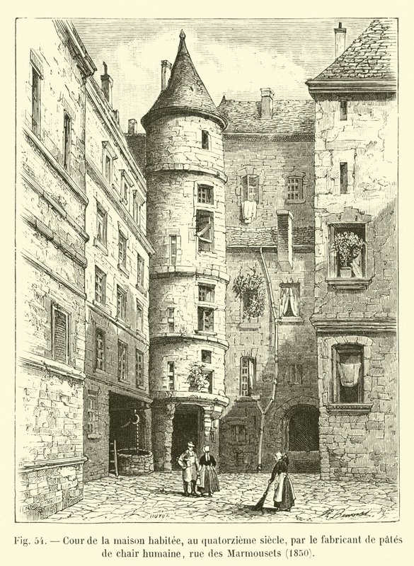 Patio de la casa habitada, en el siglo XIV, por el fabricante de pastas de carne humana, rue des Marmousets, 1850 de French School