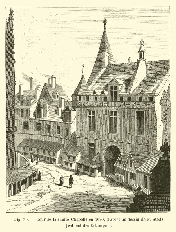 Patio de la Sainte Chapelle en 1630, según un dibujo de F. Stella, gabinete de Estampas de French School