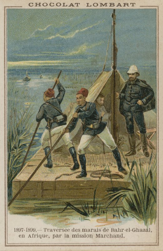 Cruzando los pantanos de Bahr-el-Ghazal en África de French School