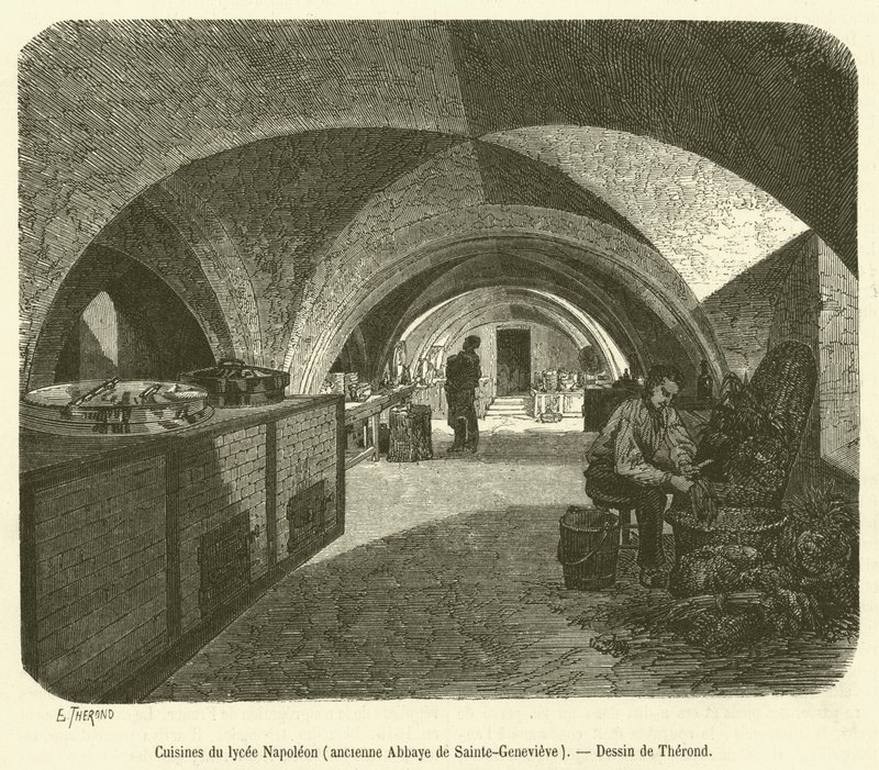 Cocinas del liceo Napoleón, antigua Abadía de Sainte-Geneviève (grabado) de French School