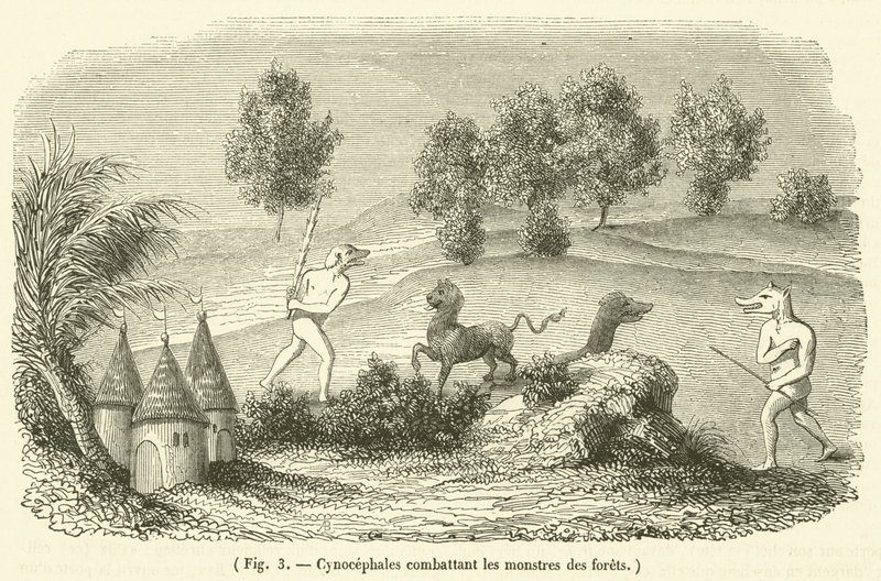 Cinocefalos combatiendo monstruos del bosque de French School