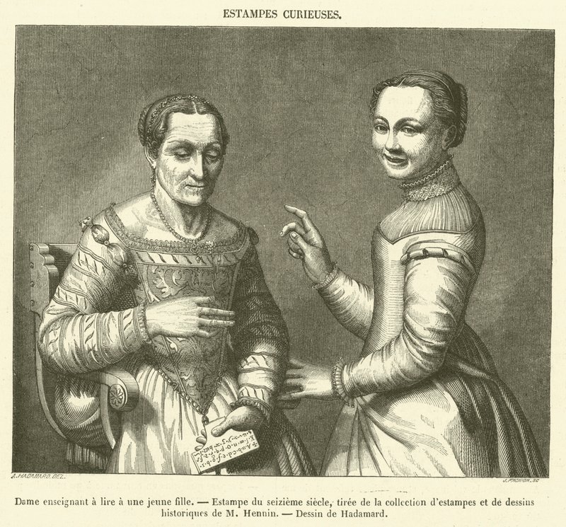 Dama enseñando a leer a una joven, Estampa del siglo XVI de French School