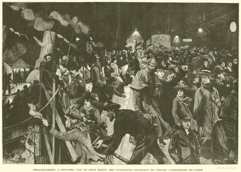 Desembarco en Dover, en una Tormenta, de los Viajeros que Regresan de Visitar la Exposición de París (grabado) de French School