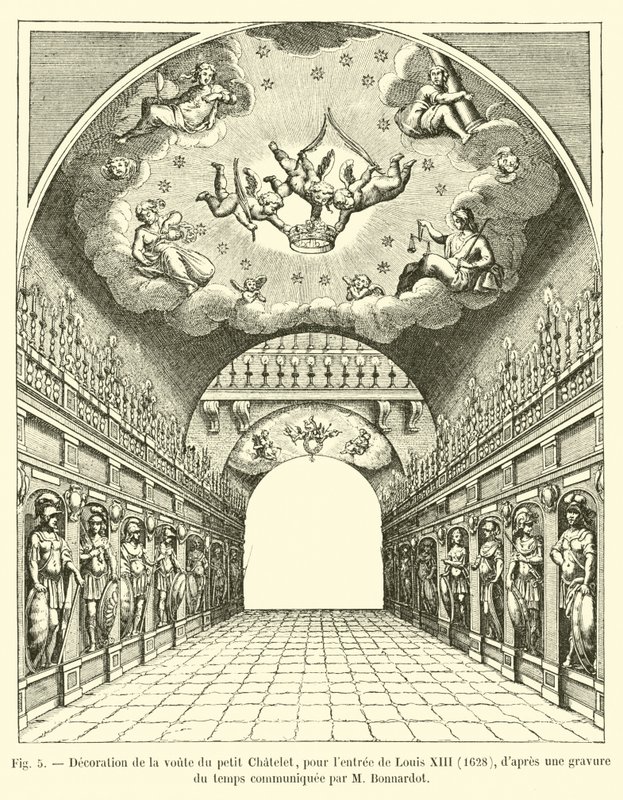 Decoración de la bóveda del petit Chatelet, para la entrada de Luis XIII, 1628, según un grabado de la época comunicado por M. Bonnardot de French School