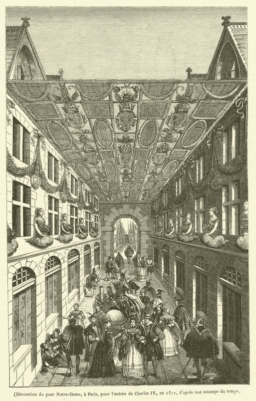 Decoración del Puente de Notre-Dame en París para la entrada de Carlos IX en 1571 (grabado) de French School
