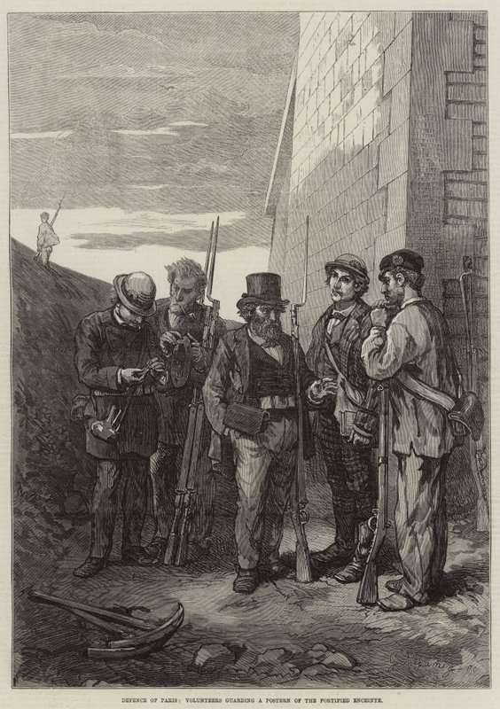 Defensa de París, voluntarios guardando una poterna de la muralla fortificada (grabado) de French School