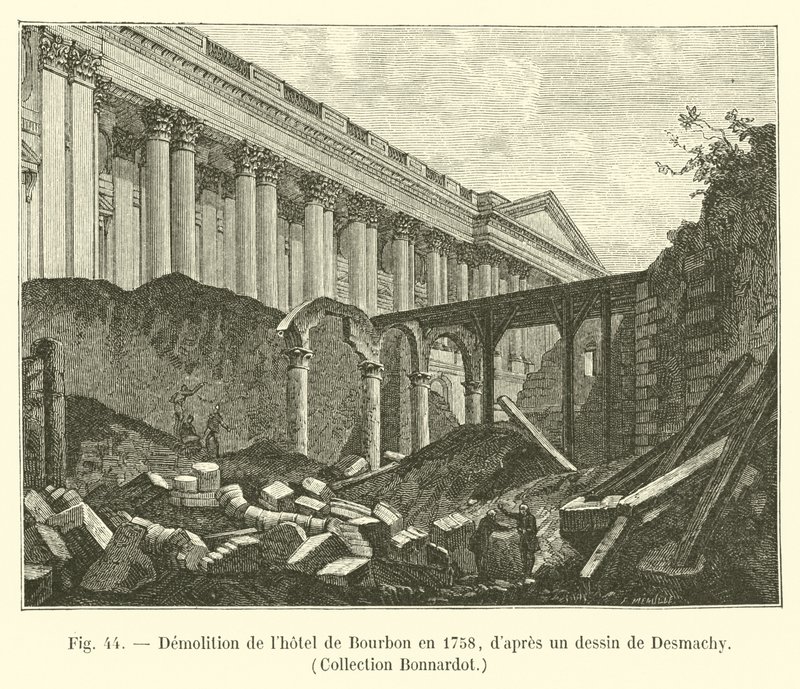Demolición del hotel de Bourbon en 1758, según un dibujo de Desmachy, Colección Bonnardot de French School