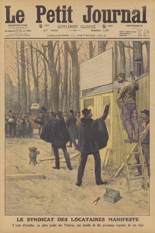 Manifestación de la Unión de Inquilinos en París (litografía a color) de French School