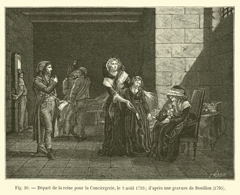 Salida de la reina hacia la Conciergerie, el 2 de agosto de 1793; según un grabado de Bouillon, 1795 de French School