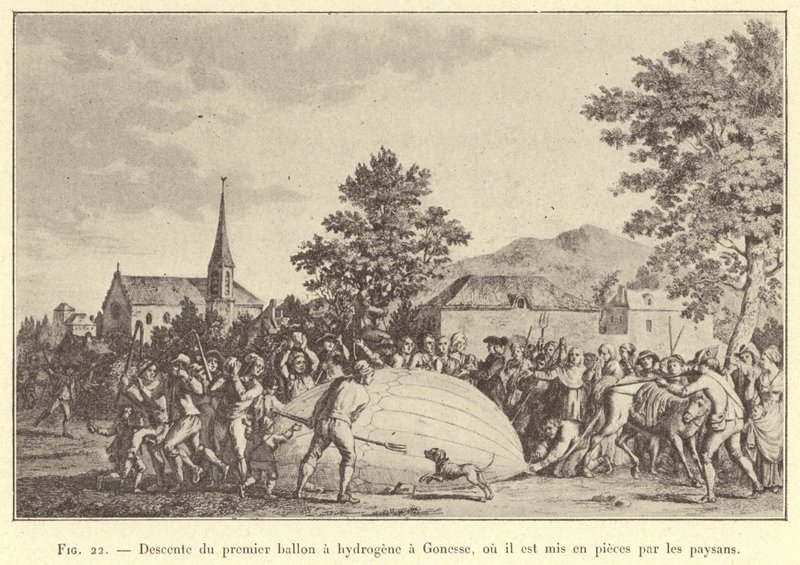 Descenso del primer globo de hidrógeno en Gonesse, donde es destrozado por los campesinos (grabado) de French School