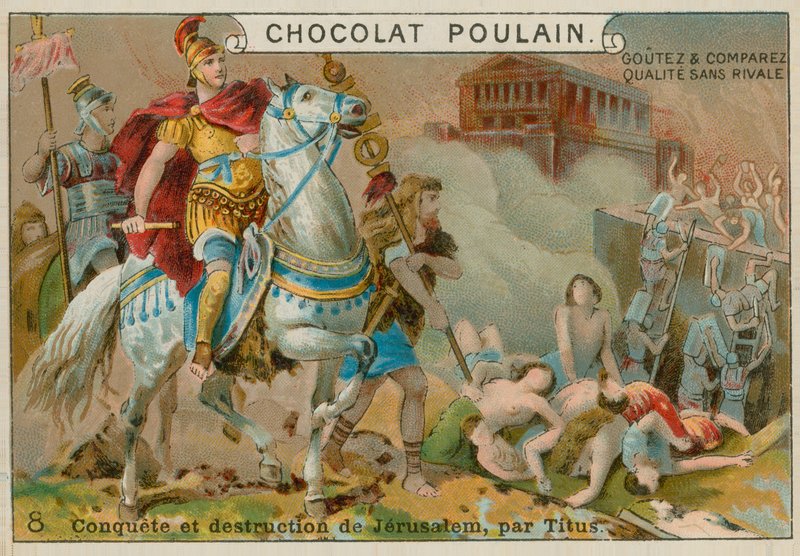Destrucción de Jerusalén por Tito, tarjeta comercial de Chocolat Poulain de French School