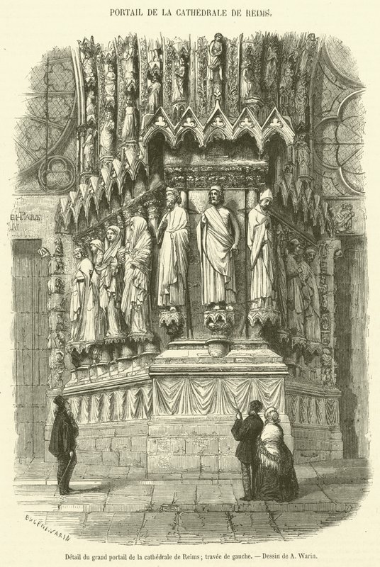 Detalle del gran portal de la catedral de Reims, nave izquierda de French School