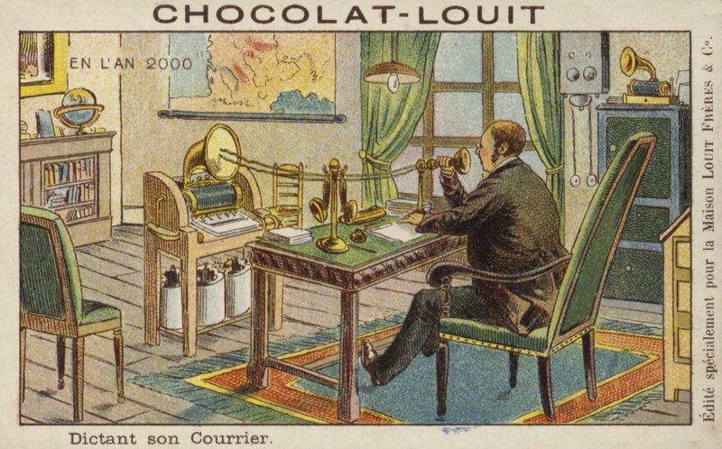 Dictando una carta en una máquina telegráfica de French School