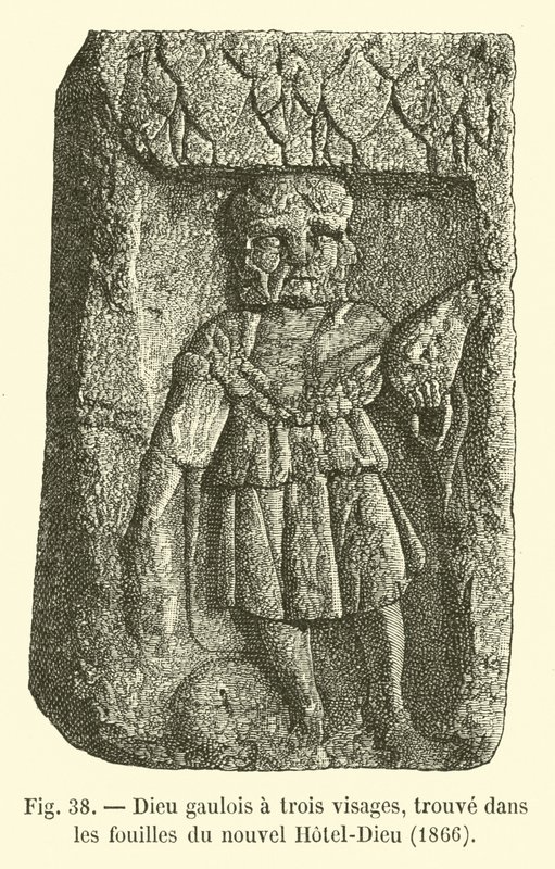 Dios galo de tres caras, encontrado en las excavaciones del nuevo Hotel-Dieu, 1866 de French School