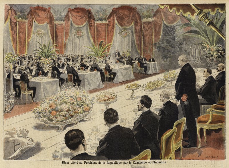 Cena para líderes del comercio e industria franceses en la Bolsa de París, 1897 de French School