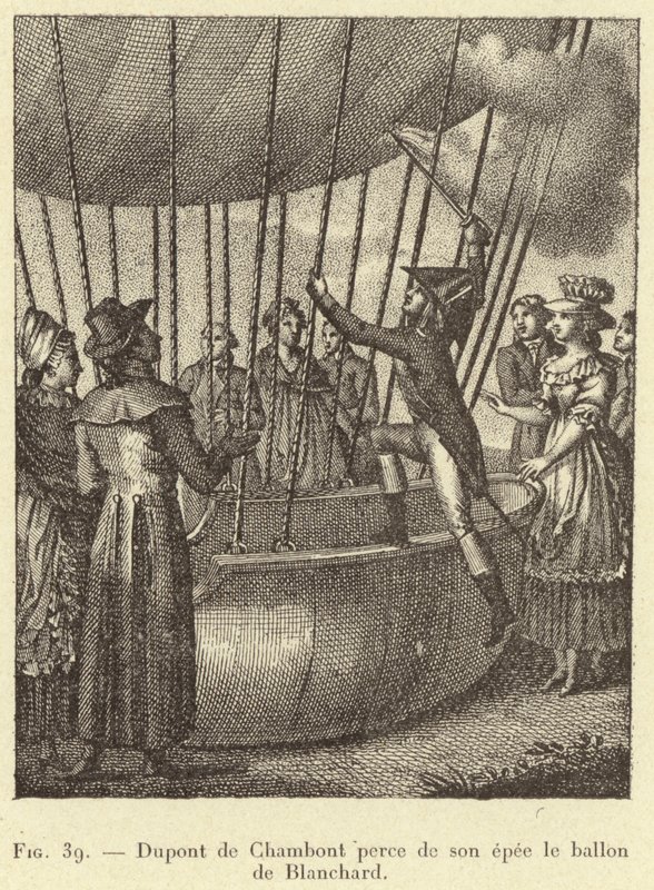 Dupont de Chambont perfora con su espada el globo de Blanchard de French School
