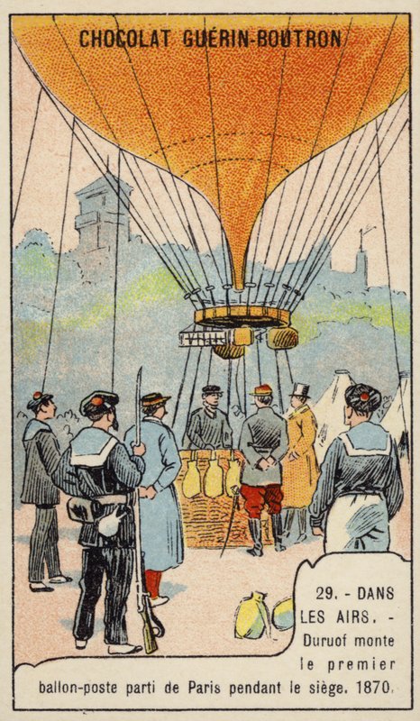 Duruof realizando el primer vuelo postal en globo durante el Sitio de París de French School