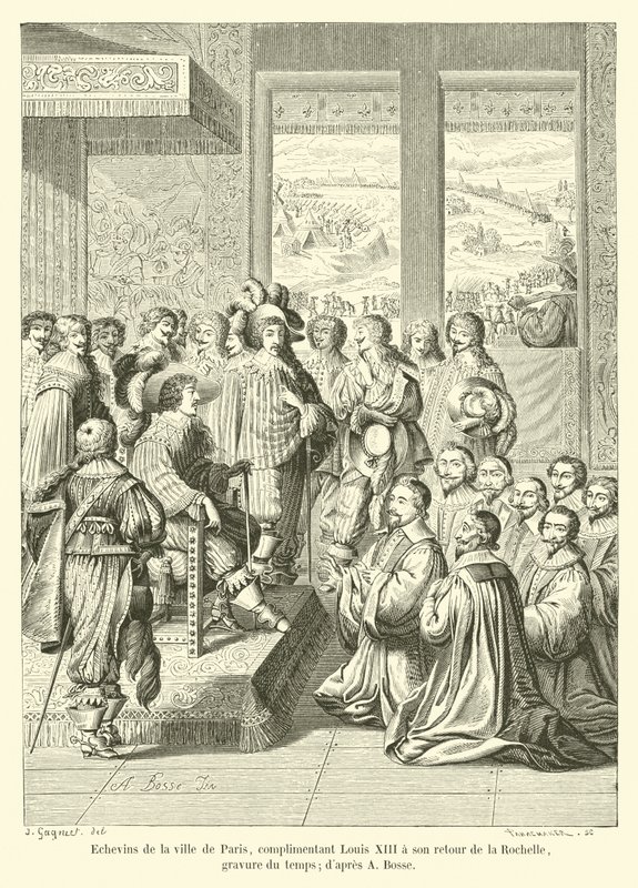 Concejales de la ciudad de París, felicitando a Luis XIII a su regreso de La Rochelle, grabado de la época; según A Bosse de French School