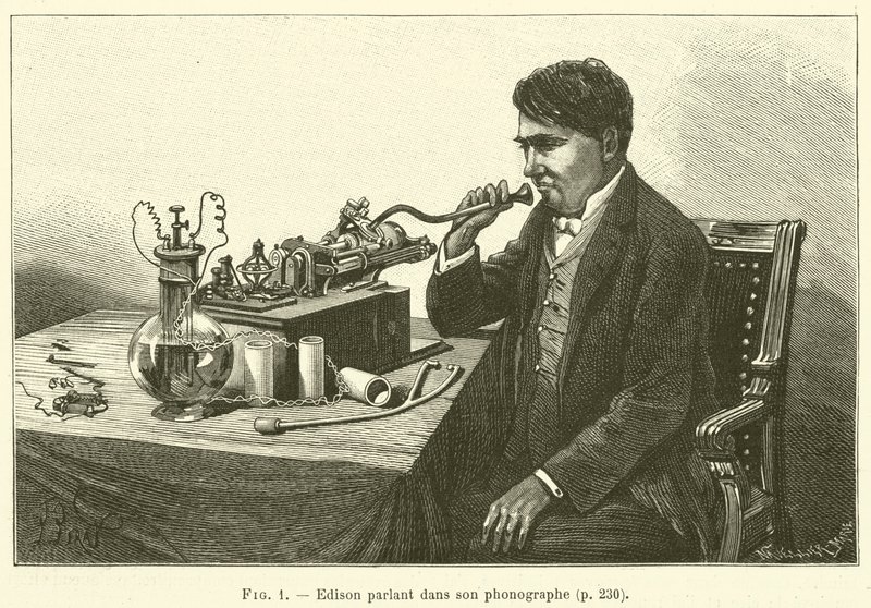 Edison hablando en su fonógrafo de French School
