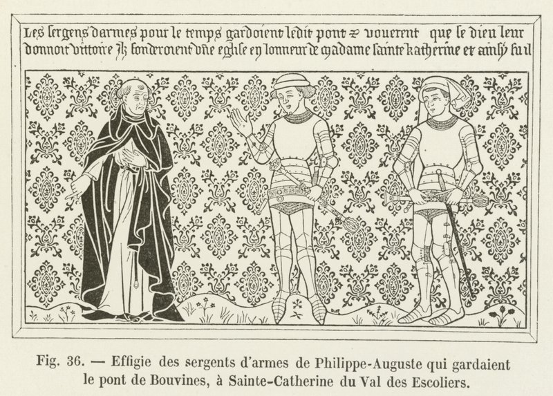 Efigie de los sargentos de armas de Felipe Augusto que guardaban el puente de Bouvines, en Sainte-Catherine du Val des Escoliers de French School
