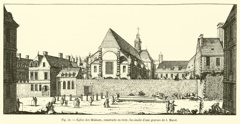 Iglesia de los Mínimos, construida en 1610; facsímil de una grabado de I Marot de French School